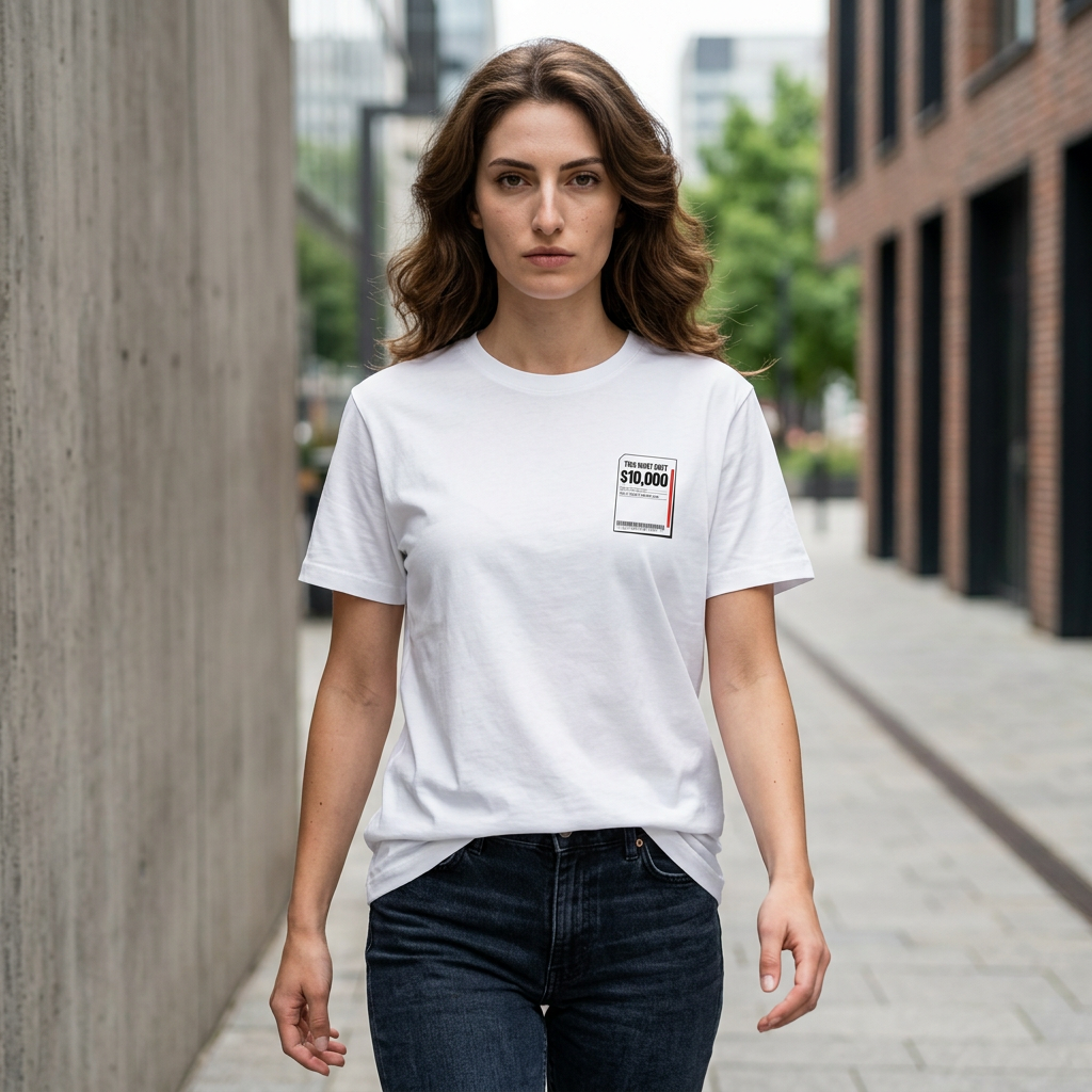 Ticket Stub Graphic Tee - Minimal White Oversized T-Shirt with 'Admit One' Pocket Print Printify